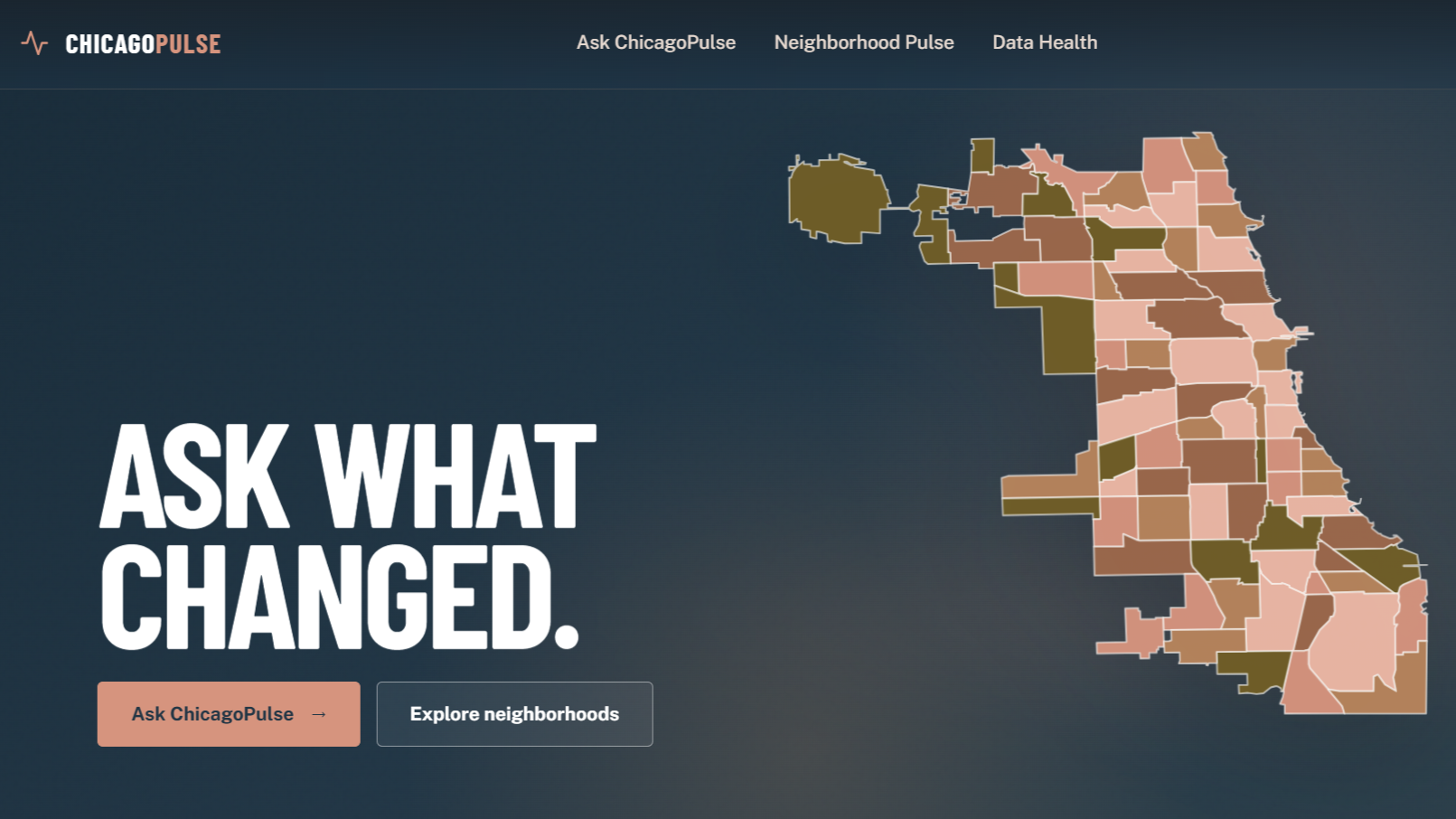 ChicagoPulse interface showing the Chicago skyline and entry points for Ask ChicagoPulse, Neighborhood Pulse, and Data Health